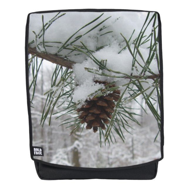 Snowy Pine Branch Winter Nature Photography Backpack (Front)