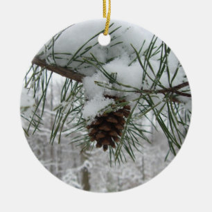 Snowy Pine Branch Winter Nature Photography Ceramic Tree Decoration