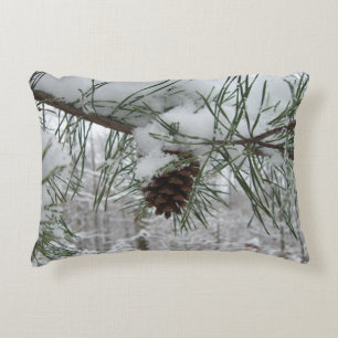 Snowy Pine Branch Winter Nature Photography Decorative Cushion
