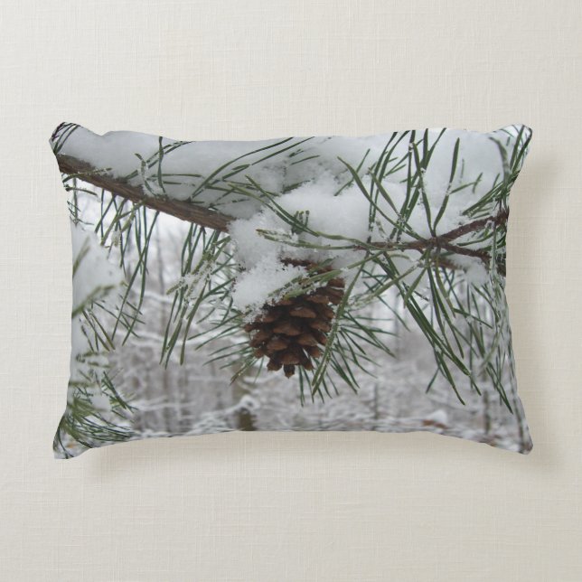 Snowy Pine Branch Winter Nature Photography Decorative Cushion (Front)