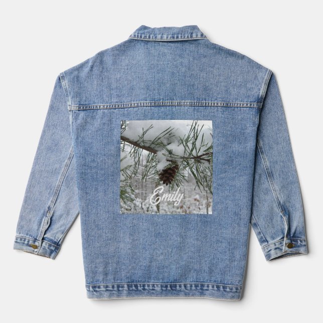 Snowy Pine Branch Winter Nature Photography Denim Jacket (Back)