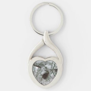 Snowy Pine Branch Winter Nature Photography Key Ring