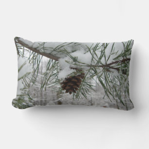 Snowy Pine Branch Winter Nature Photography Lumbar Cushion