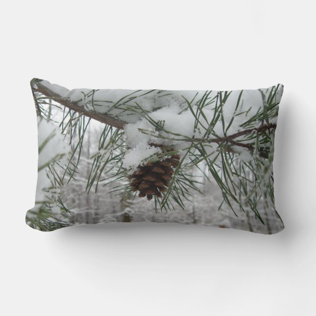 Snowy Pine Branch Winter Nature Photography Lumbar Cushion (Front)