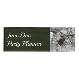 Snowy Pine Branch Winter Nature Photography Name Tag