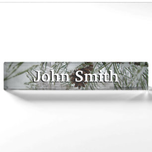 Snowy Pine Branch Winter Nature Photography Nameplate
