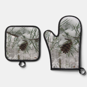 Snowy Pine Branch Winter Nature Photography Oven Mitt & Pot Holder Set