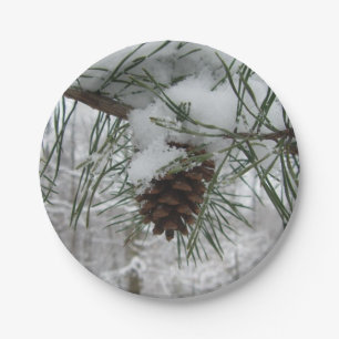 Snowy Pine Branch Winter Nature Photography Paper Plate