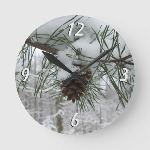 Snowy Pine Branch Winter Nature Photography Round Clock