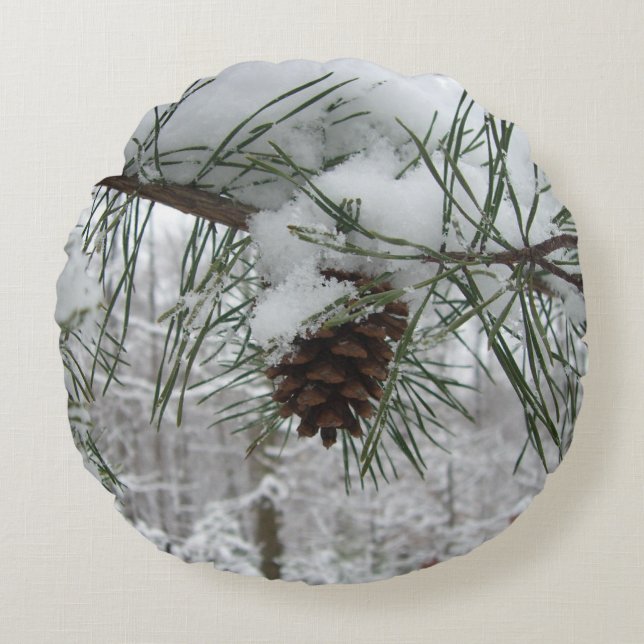 Snowy Pine Branch Winter Nature Photography Round Cushion (Front)
