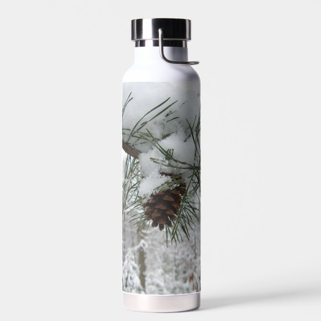 Snowy Pine Branch Winter Nature Photography Water Bottle (Left)