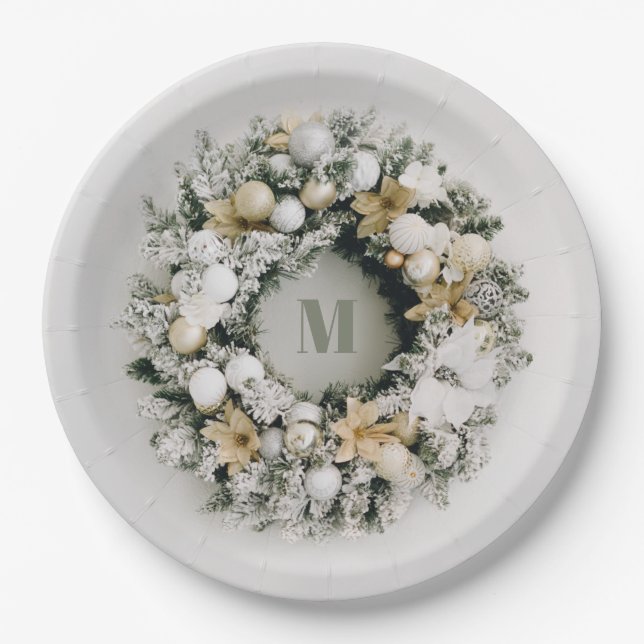 Snowy Pine Christmas Wreath Paper Plate (Front)