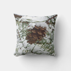 Snowy Pine Cone I Winter Nature Photography Cushion