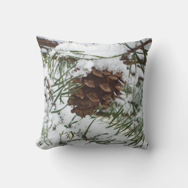 Snowy Pine Cone I Winter Nature Photography Cushion (Front)