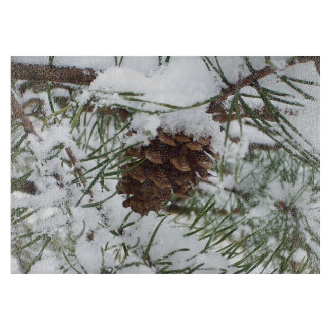 Snowy Pine Cone I Winter Nature Photography Cutting Board (Front)