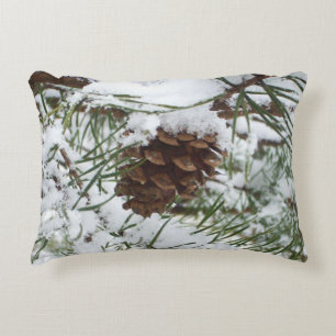 Snowy Pine Cone I Winter Nature Photography Decorative Cushion