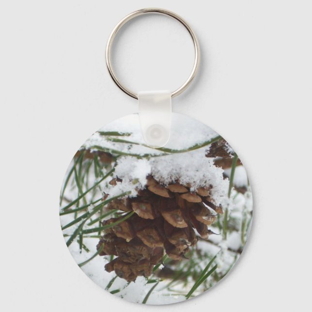 Snowy Pine Cone I Winter Nature Photography Key Ring (Front)