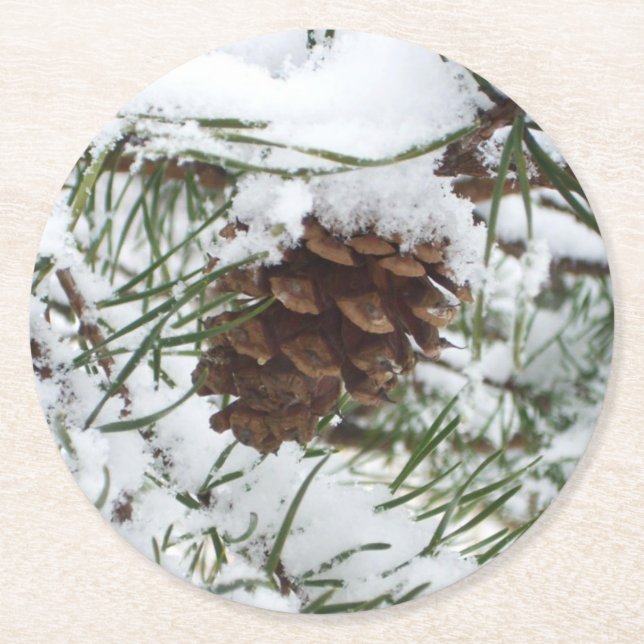 Snowy Pine Cone I Winter Nature Photography Round Paper Coaster (Front)