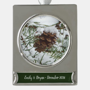 Snowy Pine Cone I Winter Nature Photography Silver Plated Banner Ornament