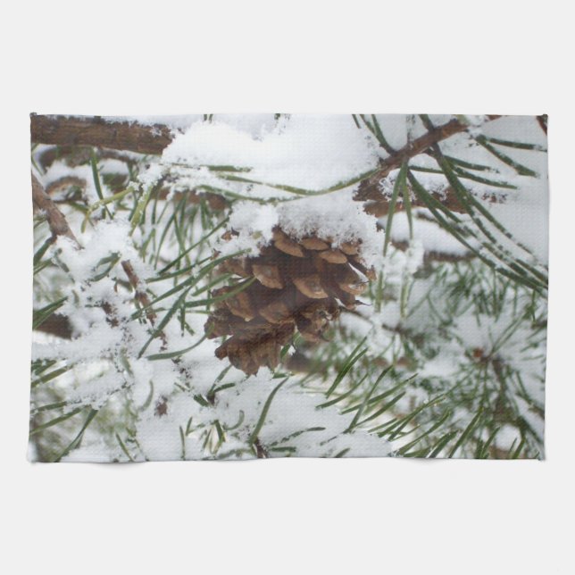 Snowy Pine Cone I Winter Nature Photography Tea Towel (Horizontal)