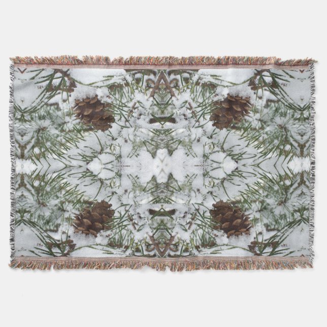 Snowy Pine Cone I Winter Nature Photography Throw Blanket (Front)
