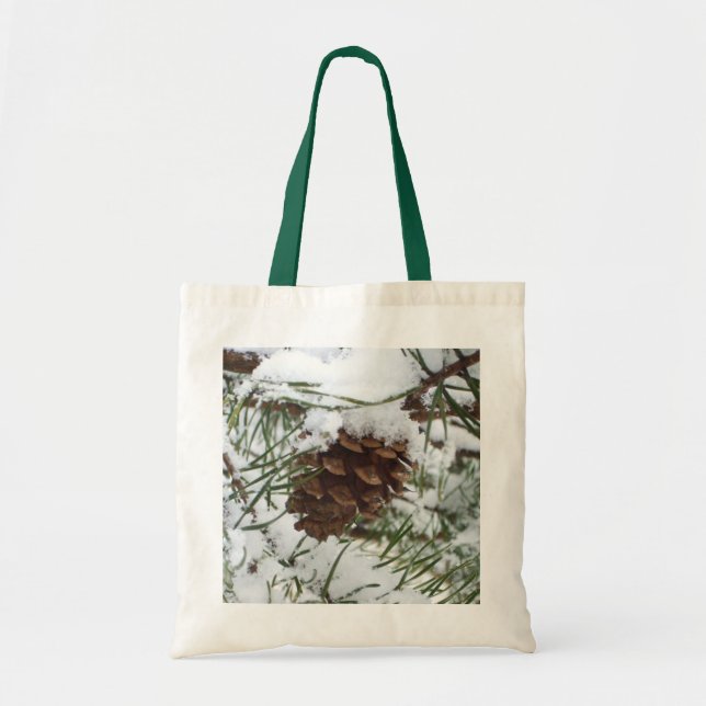 Snowy Pine Cone I Winter Nature Photography Tote Bag (Front)