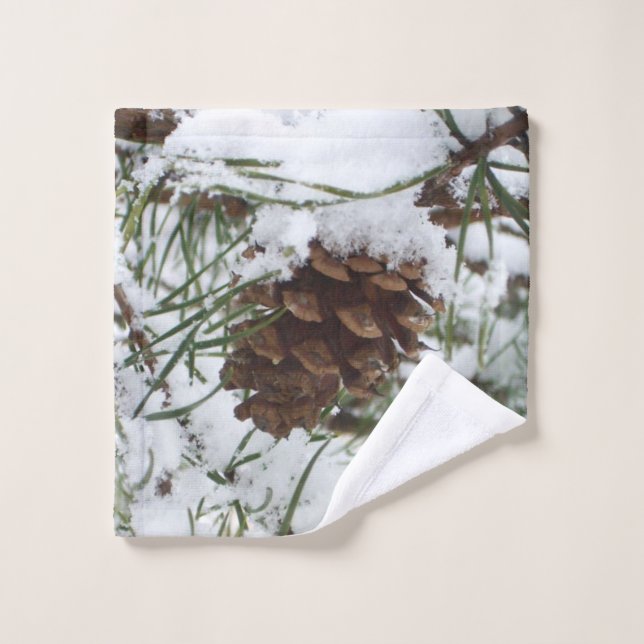 Snowy Pine Cone I Winter Nature Photography Wash Cloth (Wash Cloth)