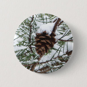 Snowy Pine Cone II Winter Nature Photography 6 Cm Round Badge