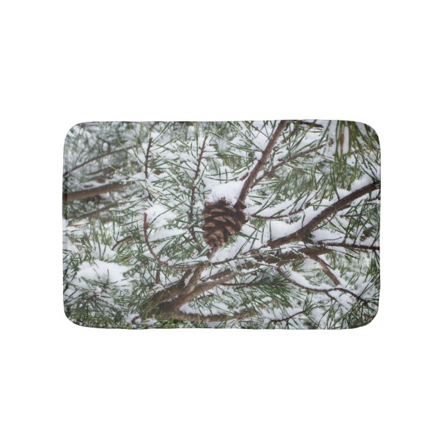 Snowy Pine Cone II Winter Nature Photography Bath Mat (Front)