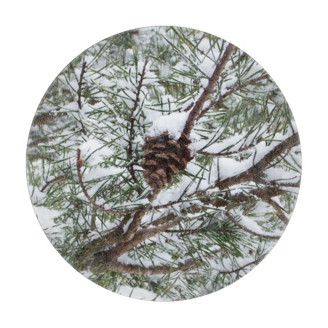 Snowy Pine Cone II Winter Nature Photography Cutting Board (Front)