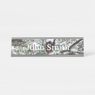 Snowy Pine Cone II Winter Nature Photography Desk Name Plate