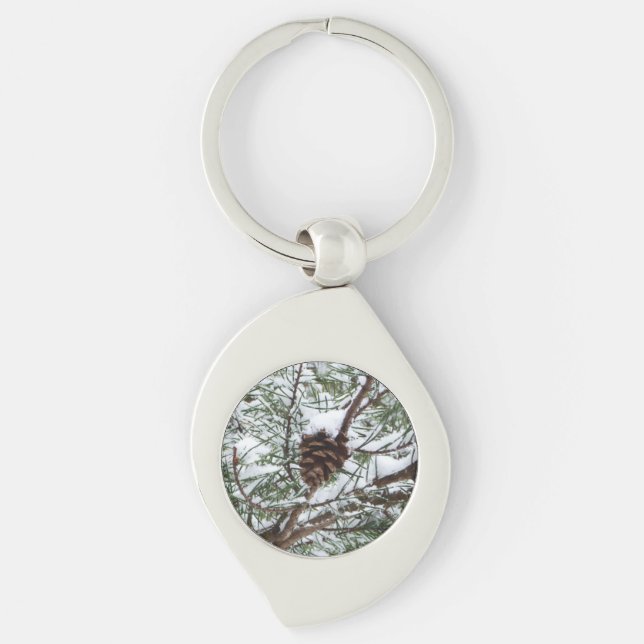 Snowy Pine Cone II Winter Nature Photography Key Ring (Front)