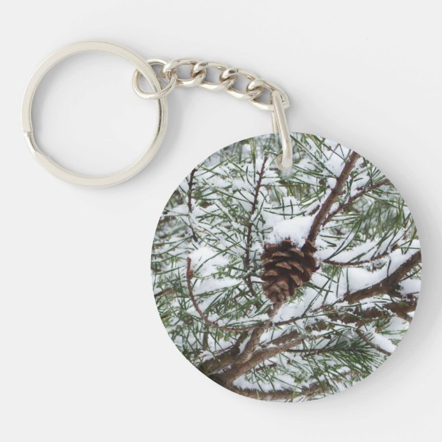Snowy Pine Cone II Winter Nature Photography Key Ring (Front)