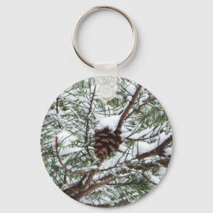 Snowy Pine Cone II Winter Nature Photography Key Ring