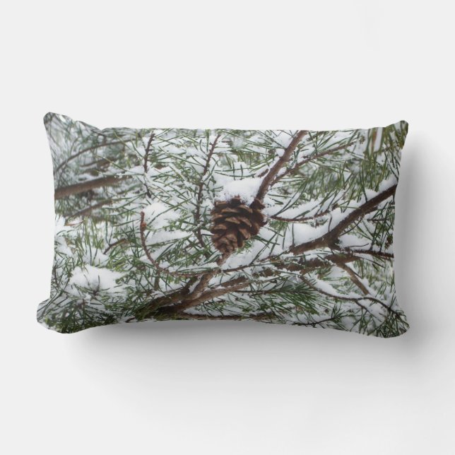 Snowy Pine Cone II Winter Nature Photography Lumbar Cushion (Front)