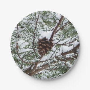 Snowy Pine Cone II Winter Nature Photography Paper Plate