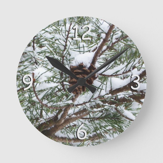Snowy Pine Cone II Winter Nature Photography Round Clock (Front)