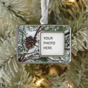 Snowy Pine Cone II Winter Nature Photography Silver Plated Framed Ornament