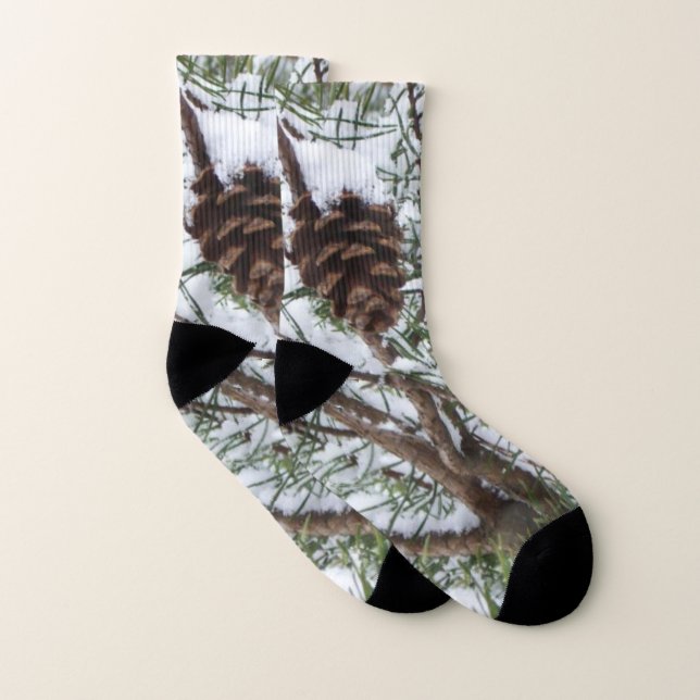 Snowy Pine Cone II Winter Nature Photography Socks (Pair)