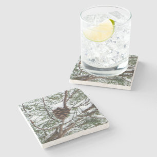 Snowy Pine Cone II Winter Nature Photography Stone Coaster