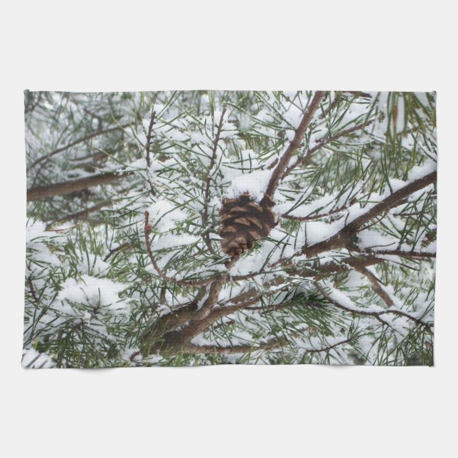 Snowy Pine Cone II Winter Nature Photography Tea Towel (Horizontal)