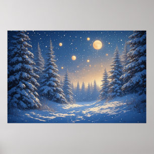 Snowy Pine Forest Under A Starry Night Sky 🌙 Warm Poster