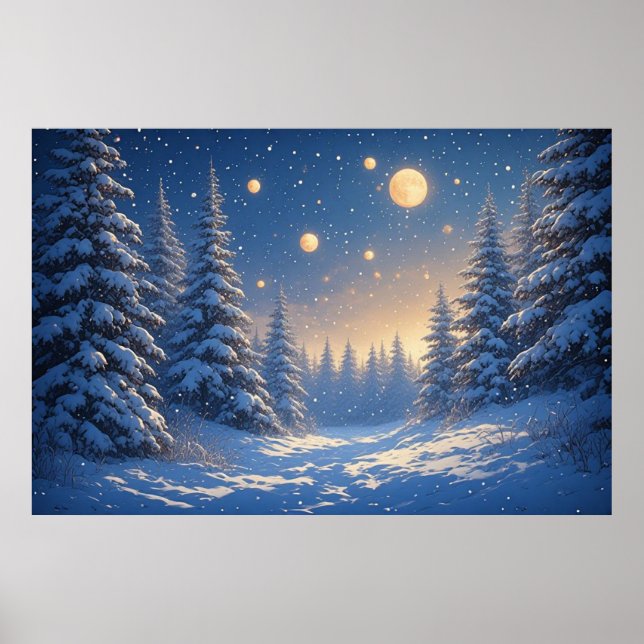 Snowy Pine Forest Under A Starry Night Sky 🌙 Warm Poster (Front)