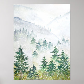 snowy pine forest  watercolor  poster