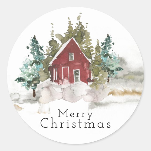 Snowy Pine Forest Watercolour Merry Christmas  Classic Round Sticker (Front)