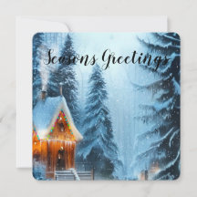 Snowy Pine Forest with Cabin 5x5 Christmas Cards 