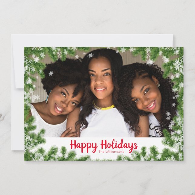 Snowy Pine Needles Happy Holiday Photo Card (Front)