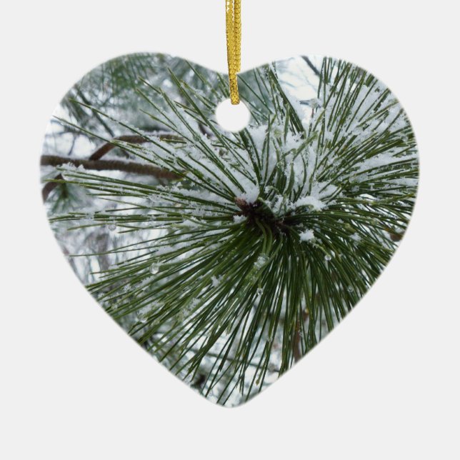 Snowy Pine Needles Winter Nature Photography Ceramic Tree Decoration (Front)