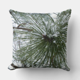 Snowy Pine Needles Winter Nature Photography Cushion