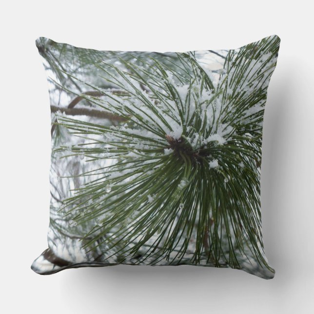 Snowy Pine Needles Winter Nature Photography Cushion (Front)